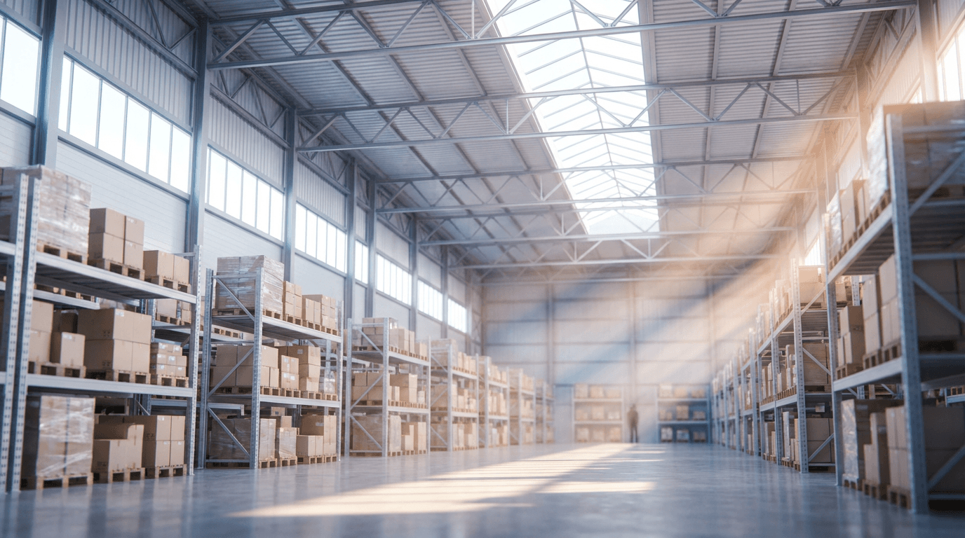 Modern warehouse with stacked monitor boxes ready for delivery