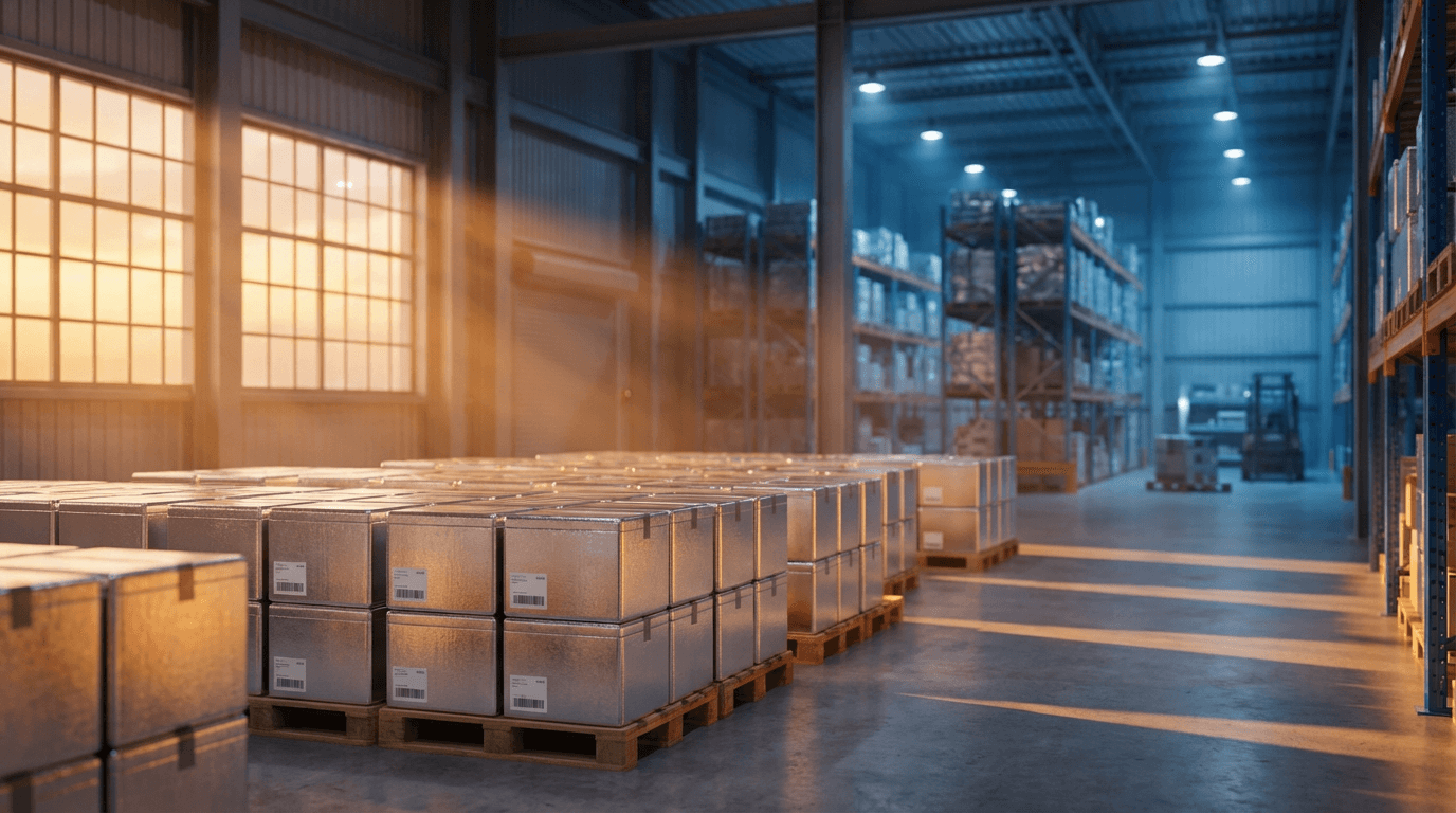 Stack of sealed laptop boxes in a distribution warehouse