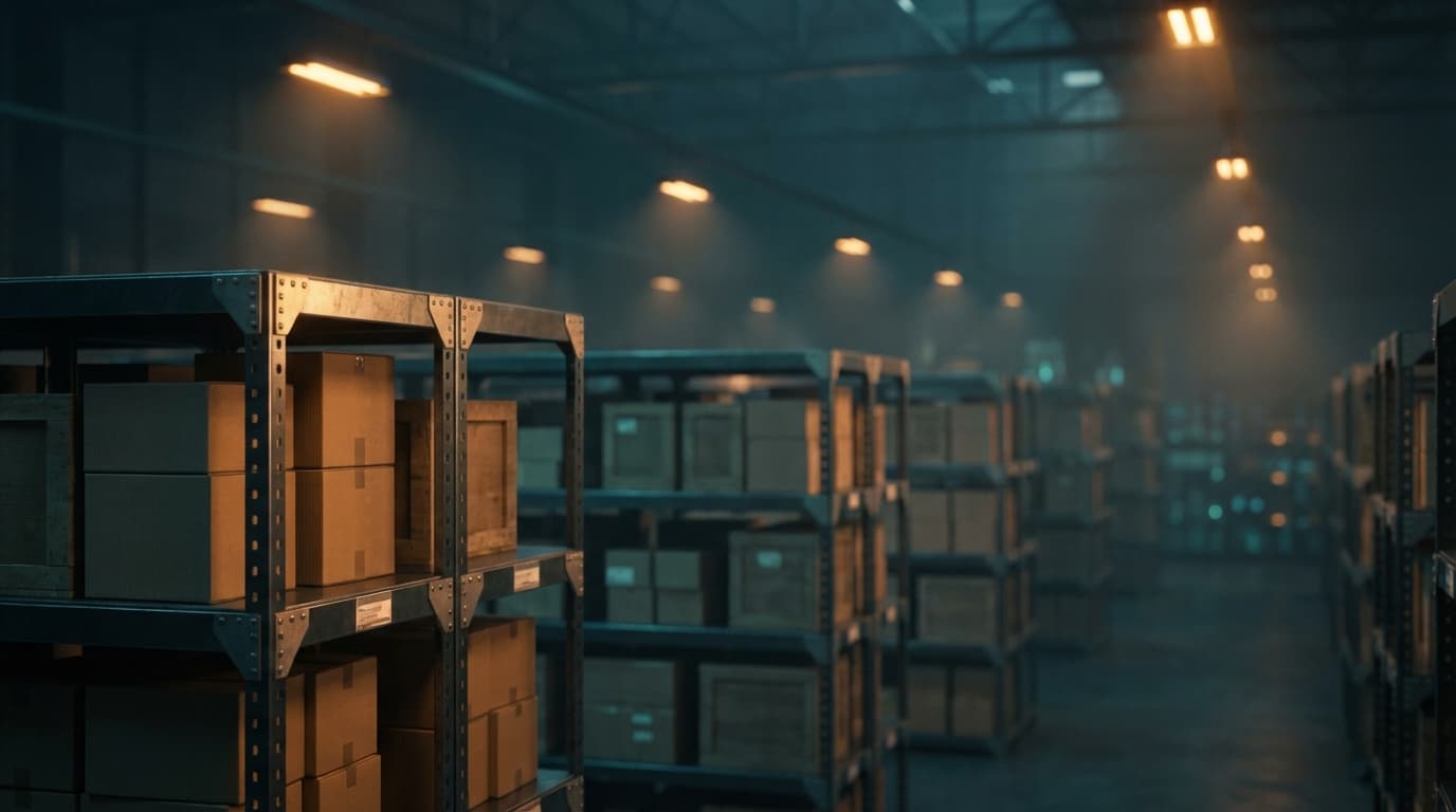Stacked computer hardware and monitors in a warehouse storage rack