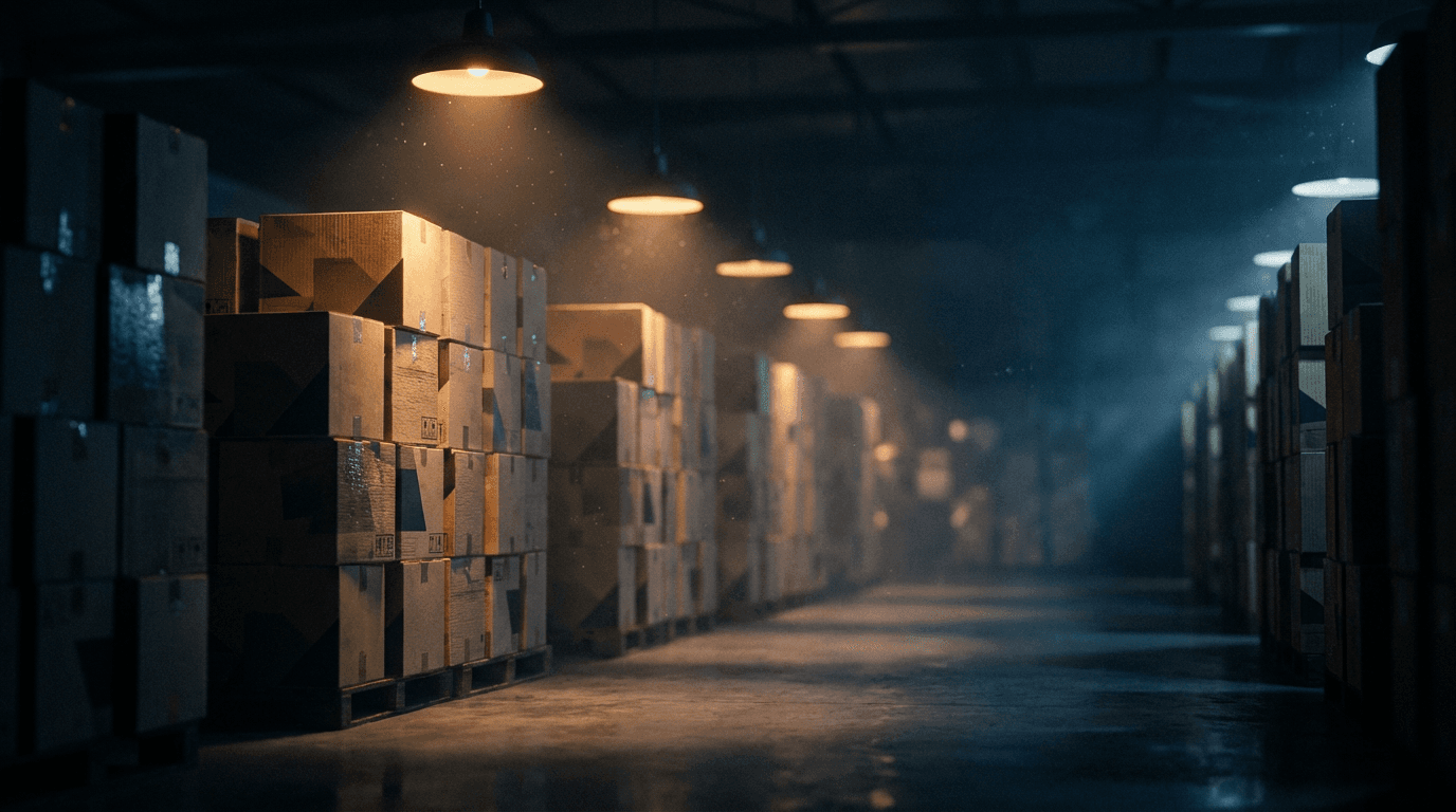 Packed boxes of computer monitors and networking gear on warehouse shelves